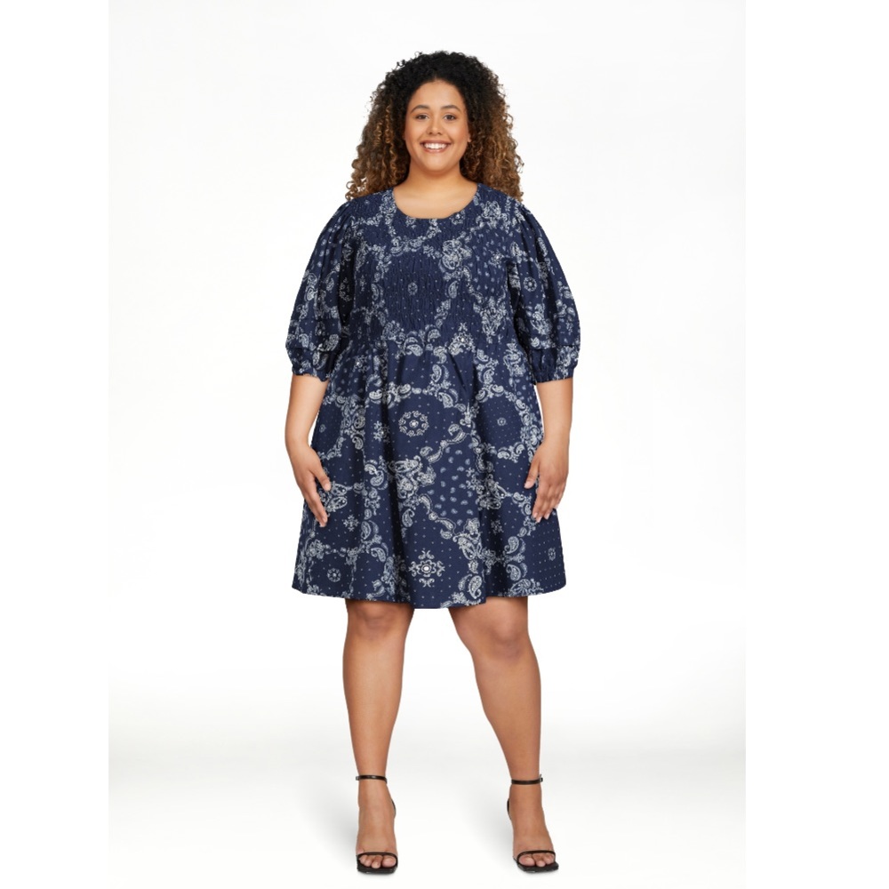Terra & Sky Women's Plus 3X 24W-26W Smocked Dress Puff Sleeves pockets blue